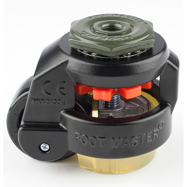Leveling Caster, 50 mm Nylon Wheel, 1/2-13 Stem, Swivel, 280 kg Cap, PU Foot Pad, Black